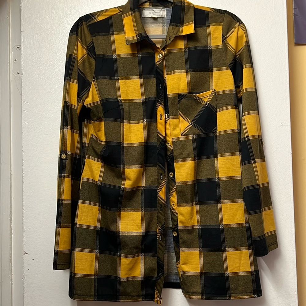 Yellow and black plaid flannel shirt